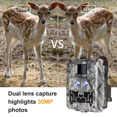 Verborgen camera met dubbele lens KW591 waterdicht IP67 30MP 1080P 0.4s Trigger snelheid nachtzicht tot 512GB voor wildleven onderzoek
