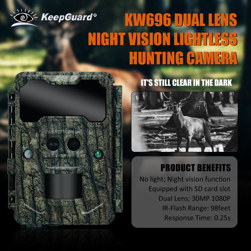 KW696 buitenaf natuurleven jachtcamera dubbele lens 30MP geen gloed spoorcamera 1080p nachtzicht 512G boscamera infrarood