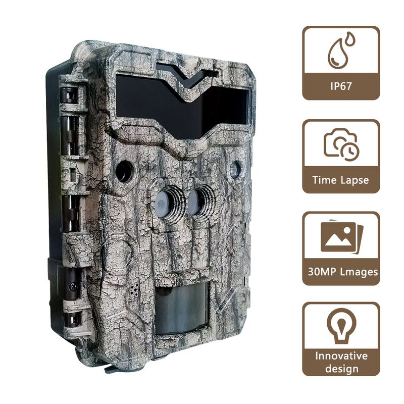 Jachtcamera KW698A dubbele lens 1080P 30MP waterdicht IP67 tot 512GB opslag nachtzicht 0,25s trigger game camera