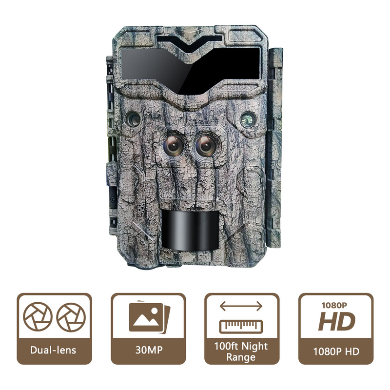 Jachtcamera KW698A dubbele lens 1080P 30MP waterdicht IP67 tot 512GB opslag nachtzicht 0,25s trigger game camera
