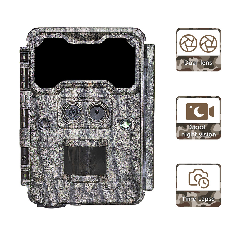 Outdoor jachtcamera KW696 dubbellens 30MP waterdicht IP67 1080p nachtzicht tot 512GB opslag
