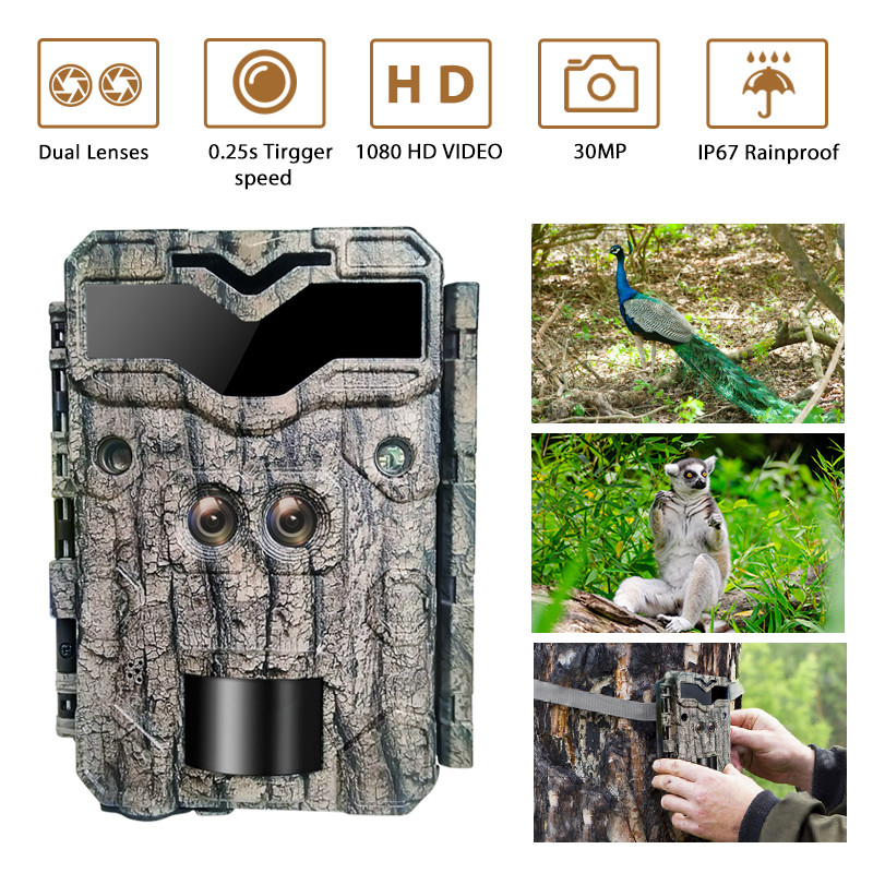 Bewaking jachtcamera KW698A met dubbele lens 1080P 30MP waterdicht IP67 tot 512GB nachtzicht 0,25s trigger